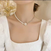 ladies trendy exquisite pearl camellia necklace elegance black white color flowers short choker girl party necklace accessories
