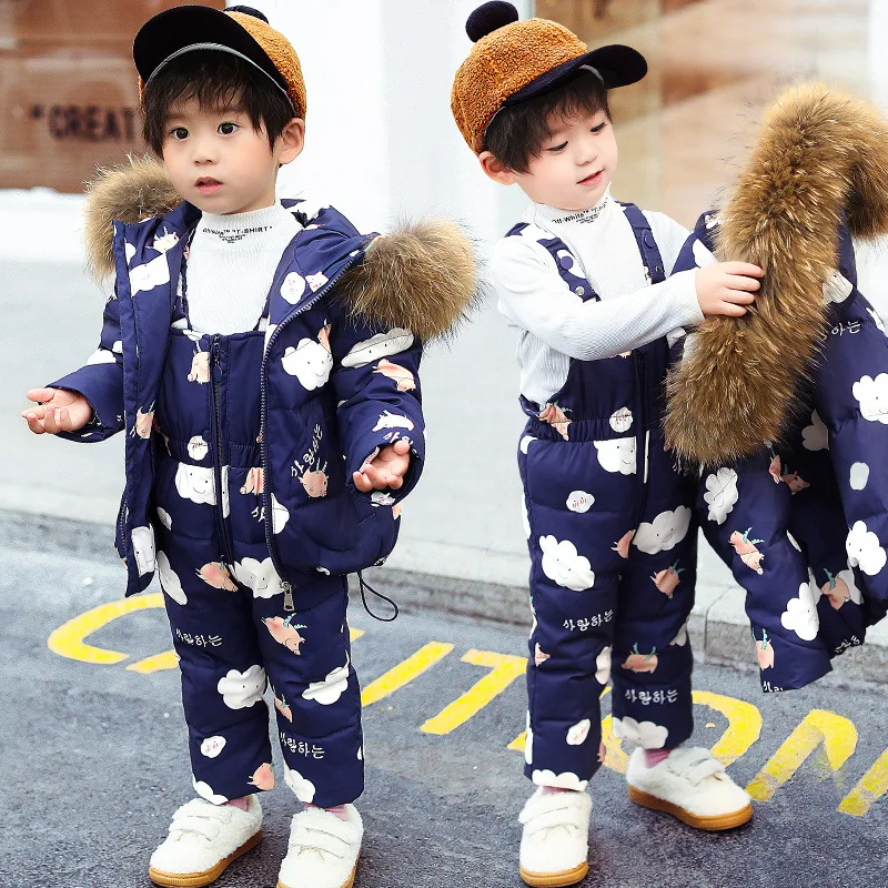 Winter children's down suit Girls pink snow suit Boy ski down suit Baby windproof down jacket+ thick Keep warm down pants