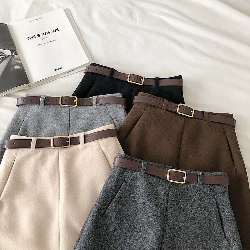 Женские шерстяные юбки однотонные мини теплые зимние короткие женские с ремнем