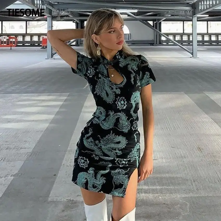

TIESOME 2021 Chinese Traditional Dress for Women Dragon Gothic Hem Split Sexy Mini Dresses Hollow Out Cheongsam Vintage Party