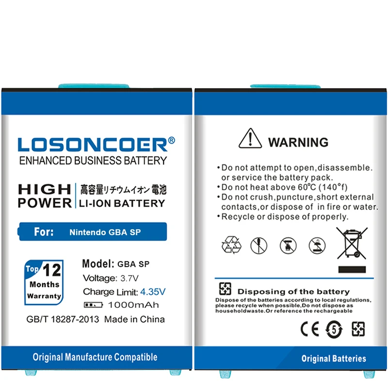 LOSONCOER SP 1000mAh перезаряжаемый литий-ионный аккумулятор для Nintendo GBA SP GBASP высокоемкие батареи