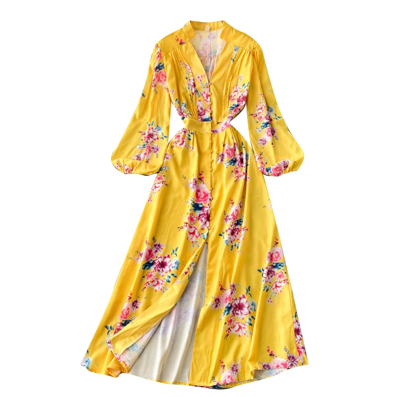 

LoveFlowerLife Spring Bohemian Vacation Beach Long Dress Women Retro Print Elegant Fashion Puff Sleeve A-line Party Dresses