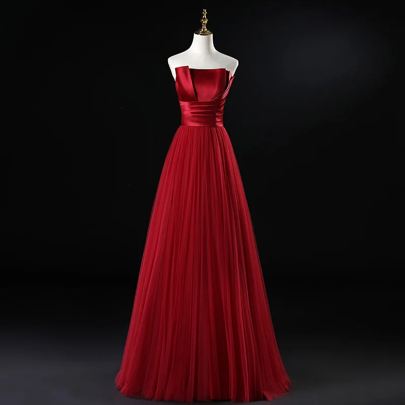 

2021 Wine Red Bridesmaid Dresses Strapless Satin A-Line Sexy Backless Wedding Formal Party Celebrity Prom Evening Gown New