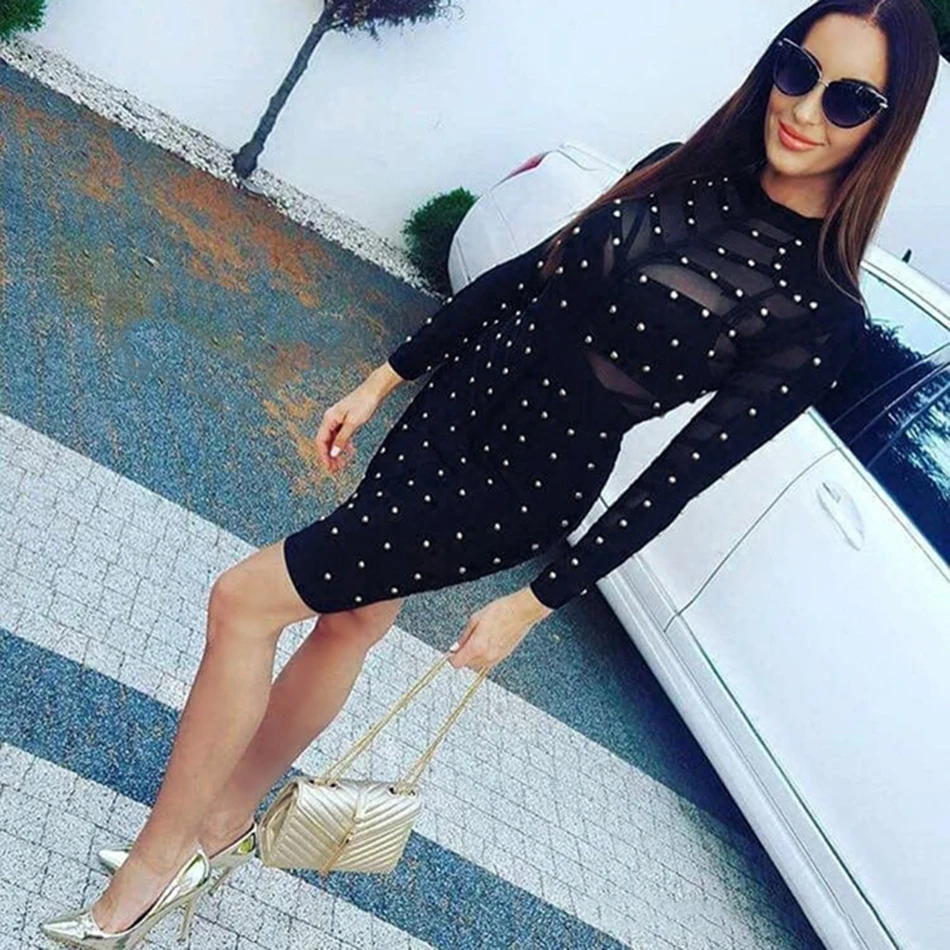 New Winter Celebrity Party Bandage Dress Women Knee Length Bodycon Dresses Sexy Mesh Long Sleeve Beaded Dresses