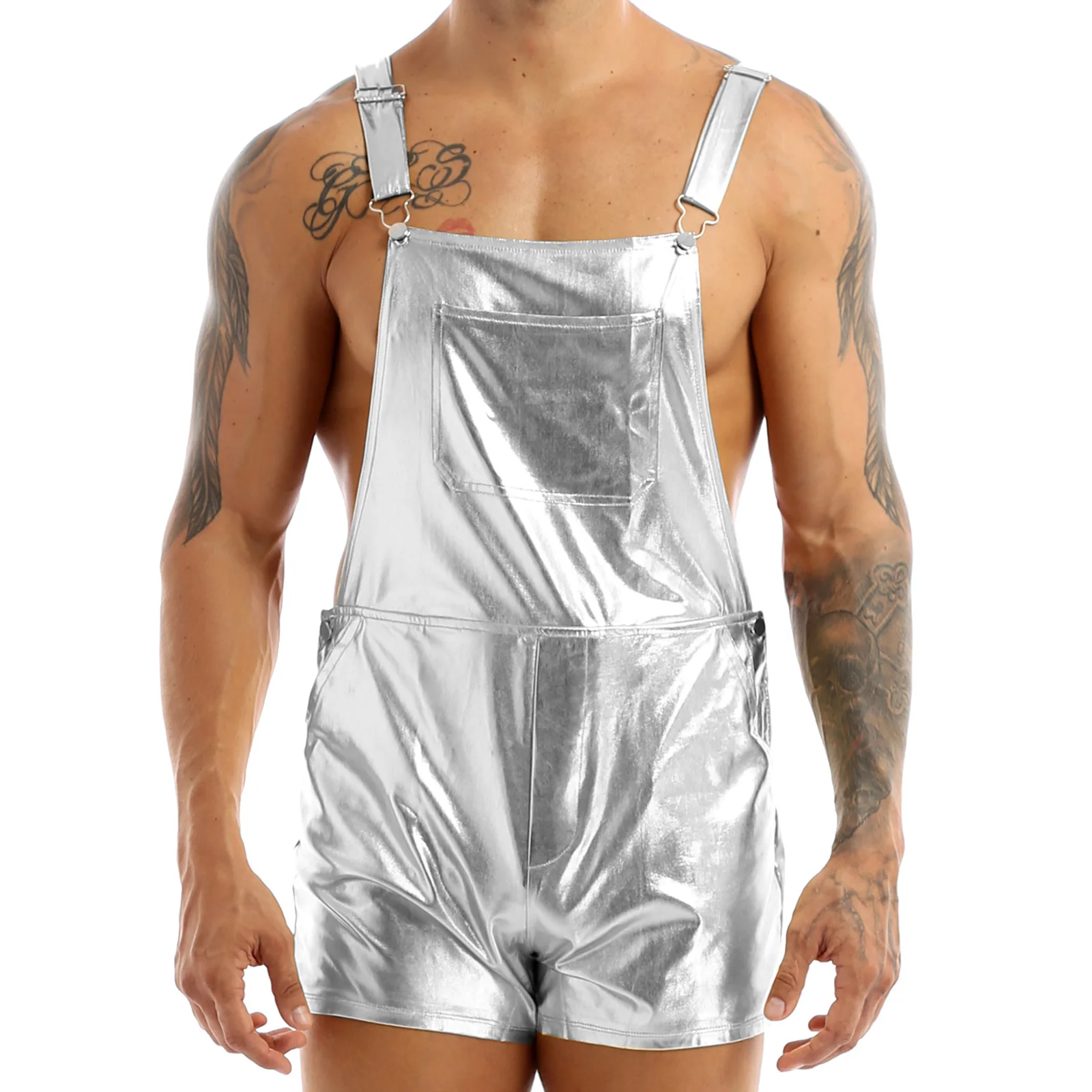 

Mens Shiny Metallic Clubwear Adjustable Wide Shoulder Straps Bib Overall Suspender Shorts Festival Glossy Fancy Dress