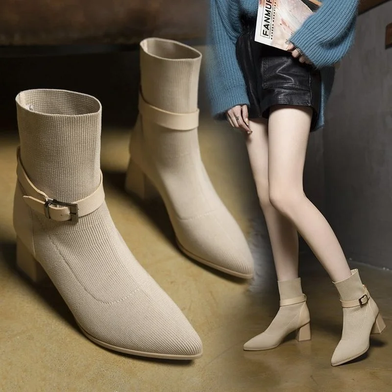 

Women's Boots Knitted Suede Sleeve Square Heel Mid-heel Belt Heel Shoes New Comfortable Pointed Shallow Mouth Single Boots