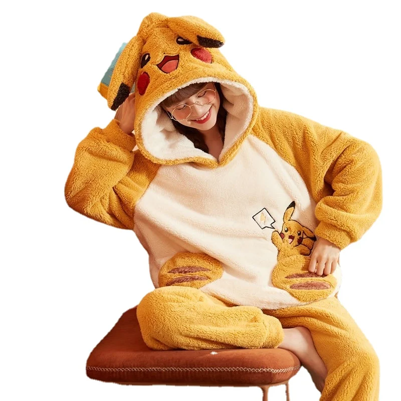 

Winter Coral Velvet Pajamas Women's Thickened Cute Cartoon Pikachu Autumn Winter Pullover Hooded Home Clothes Set