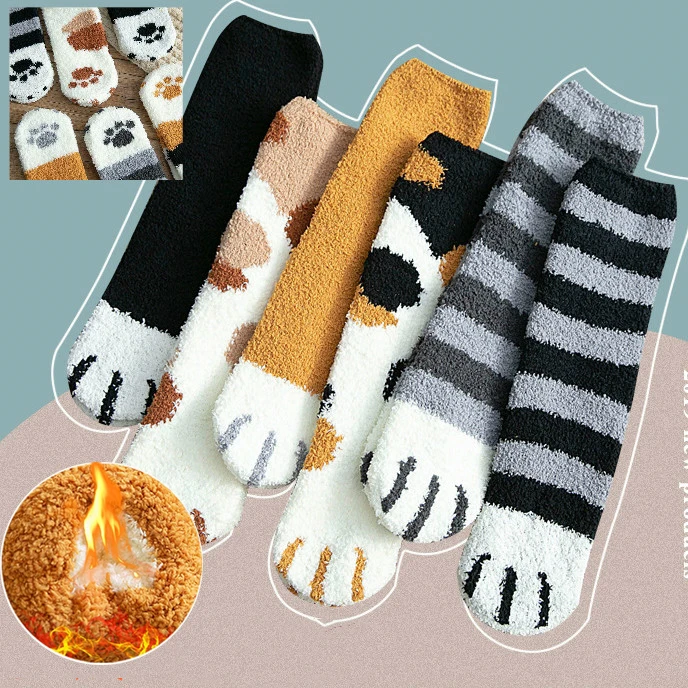 

1 Pair Plush Coral Fleece Floor Slipper Socks Meow Cat Paws Thick Fluffy Fuzzy Tube Sleeping Socks Women Warm Winter Autumn Sox