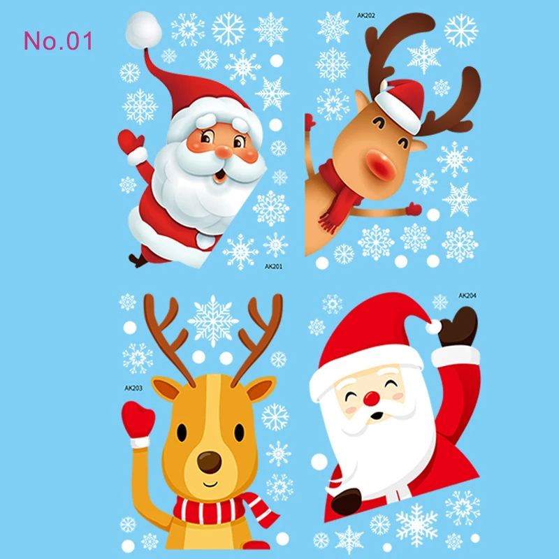 

4pcs/set 2021 Christmas New Year Decoration Static Stickers Decals Windows Glass Tiles Xmas Snowflakes Santa Claus Home Decor