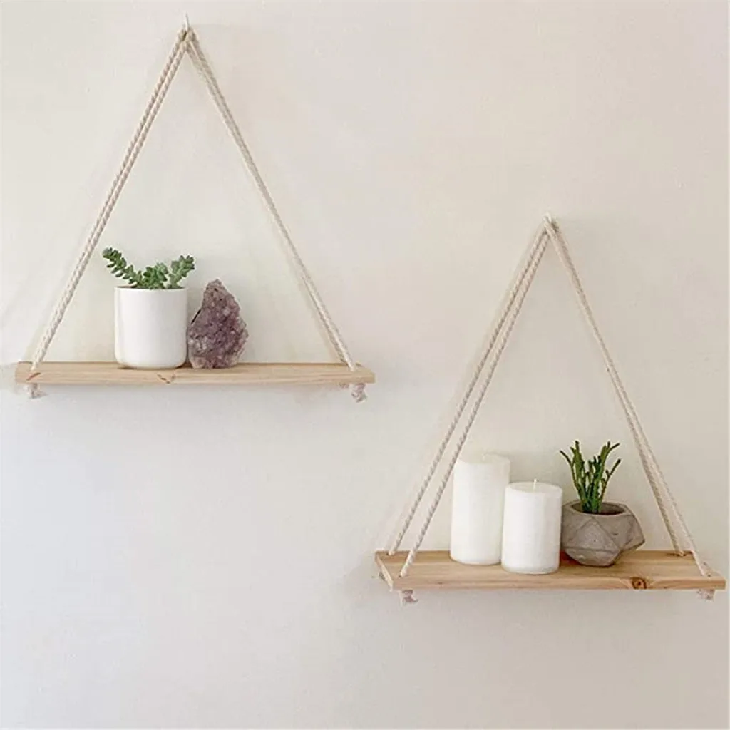 

Premium Wood Swing Hanging Rope Wall Mounted Floating Shelves Plant Flower Pot Home Decorative Wooden Shelving Crafts Shelves