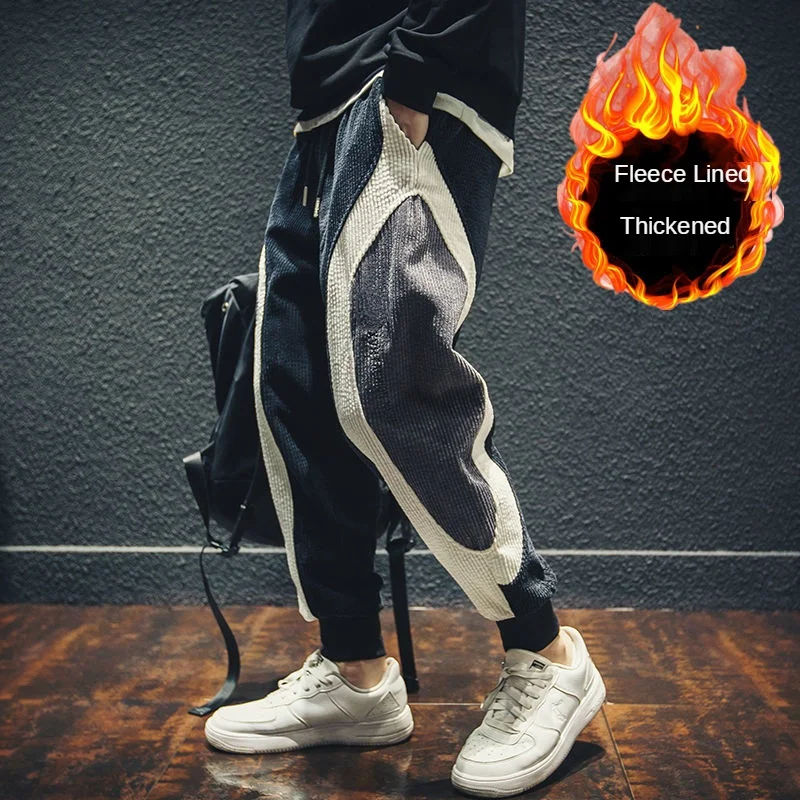 

Autumn Winter Corduroy Men's Pants Velvet Plus Size Male Cropped Pants Casual Contrast Color Stitching Trousers Men Jogger Pants