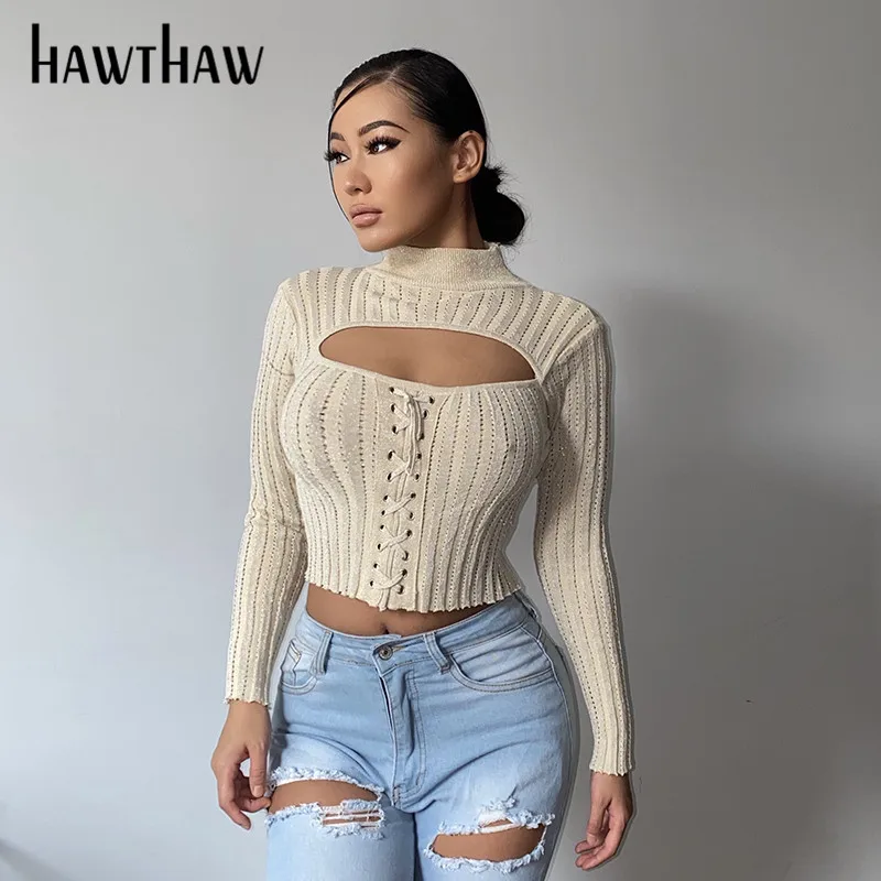 

Женский укороченный Топ с длинным рукавом Hawthaw, приталенный осенний Топ, одежда в уличном стиле, 2021