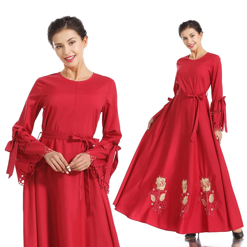 Арабские платья A-образной формы с длинными платье Для женщин мусульманский со