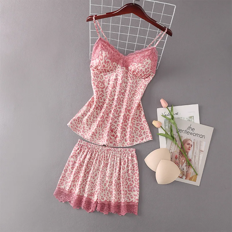 

Summer New Chemise And Shorts Pink Sleepwear Leopard Sexy Lace Sleep Set Women Pajamas Set Homewear Nightwear Intimate Lingerie