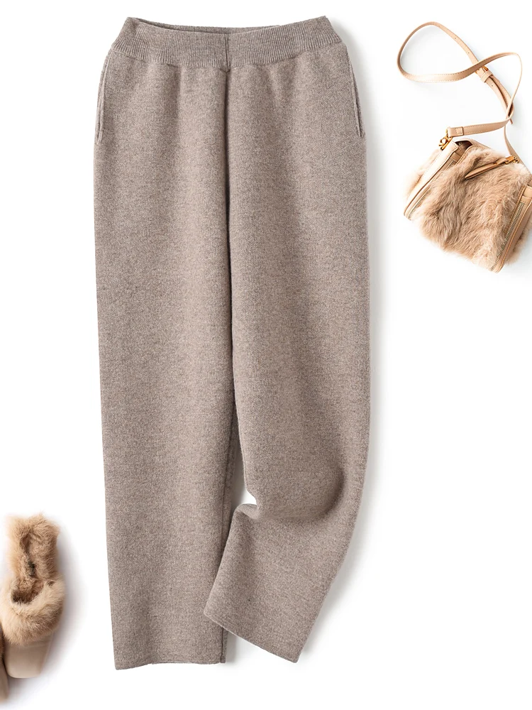 

FAKUNTN 2021 New Fashion Winter Women Loose Trousers with Pocket 100% Pure Wool Thicker Knitwear Pants