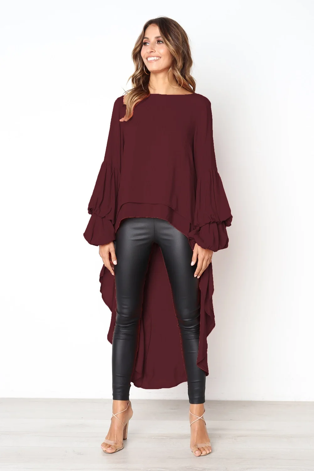 Для женщин Фонари рукав короткое спереди длинное сзади топ с высоким воротом