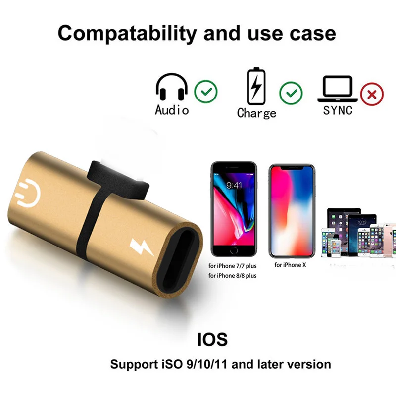 2 in 1 Double For lightning Audio Adapter iPhone 8 7 Plus X XR XS Max IOS 12.3 Charging Jack Earphone Aux Cable Adaptador | Мобильные