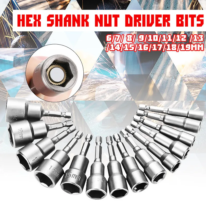 

14pcs 1/4'' Socket Magnetic Nut 6-19MM ilver Grey Adapter Drill Bit Driver Set For Power Drills Steel SHex Shank Magnet Holds