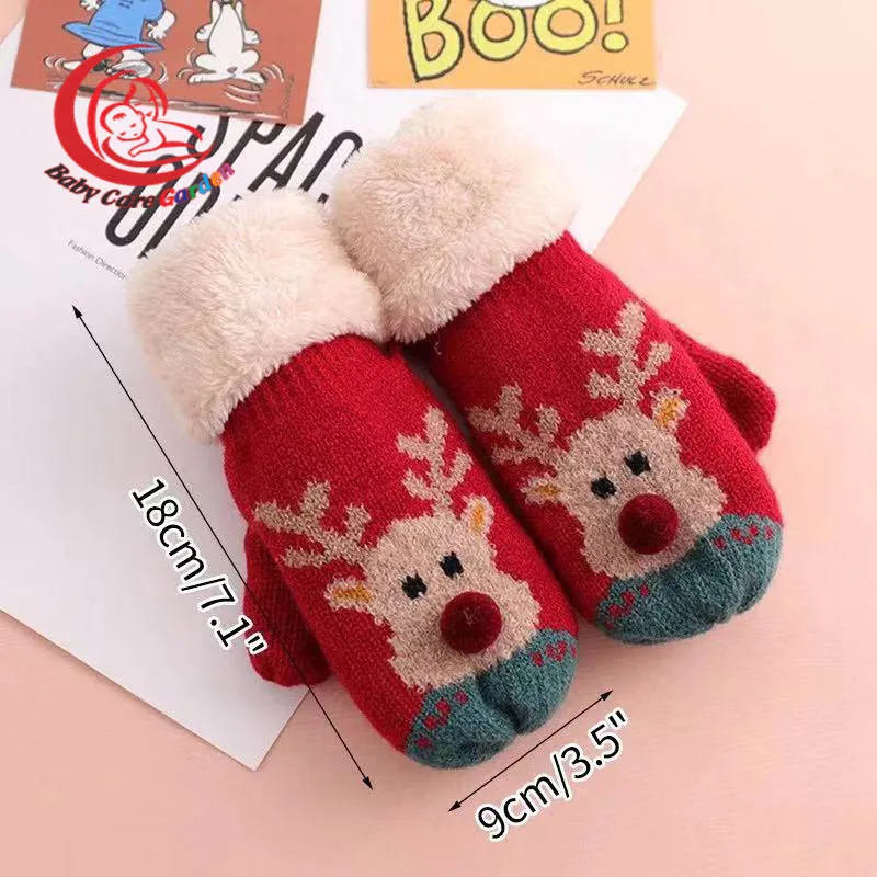 

Рождественские детские зимние теплые бархатные вязаные варежки с мультяшным оленем на шнурке перчатки для мальчиков и девочек Детские ули...