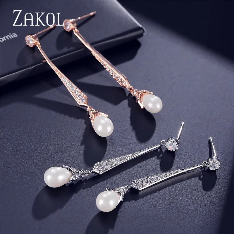 ZAKOL модные серьги-подвески из розового золота с кубическим цирконием, изысканные белые серьги с искусственным жемчугом, свадебные украшения FSEP527