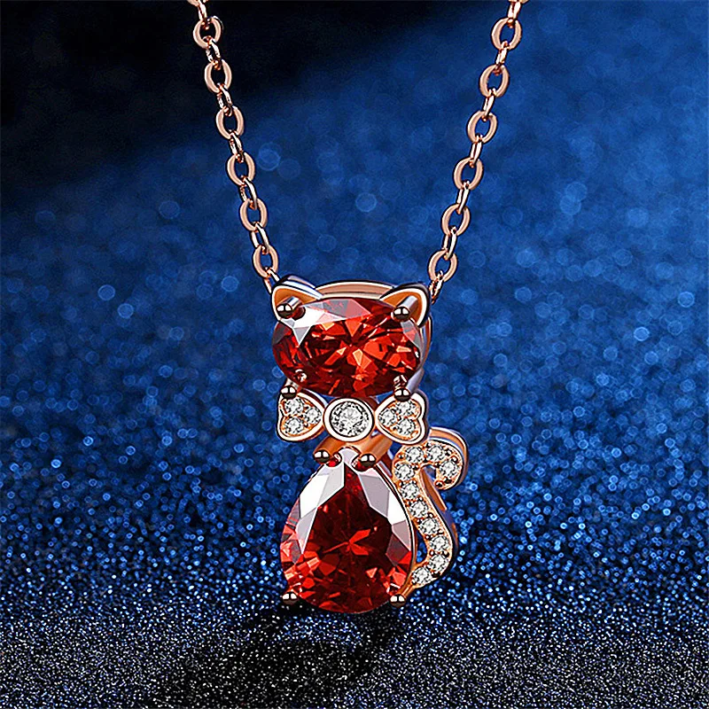

Luxury Cute Cat Necklace Charming Red Gems Zircon Necklace Rose Gold Plated Cat Crystal Long Chain Wedding Jewelry Birthday Gift