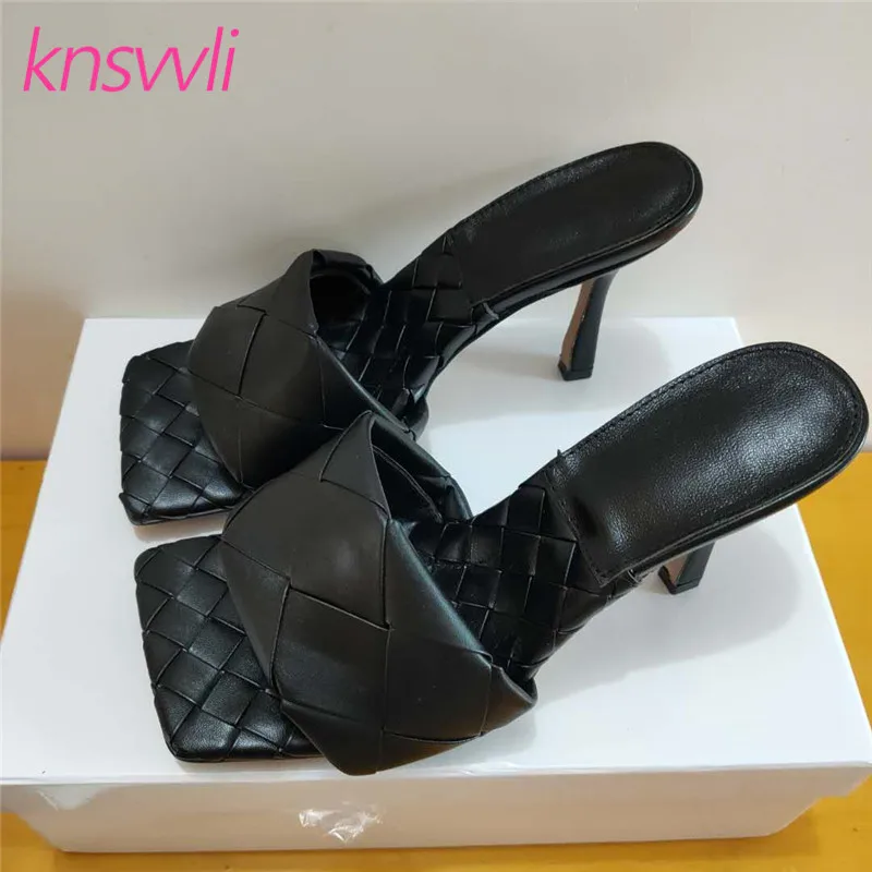 Кожаные тапочки на высоком каблуке кольцо с перекрестным плетением женские