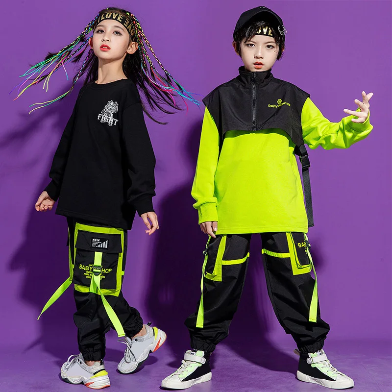 

2021 Jazz Dance Costumes Kids Hiphop Rave Outfits Child Street Dance Practice Wear Stitching Stage Performance Green Clothing