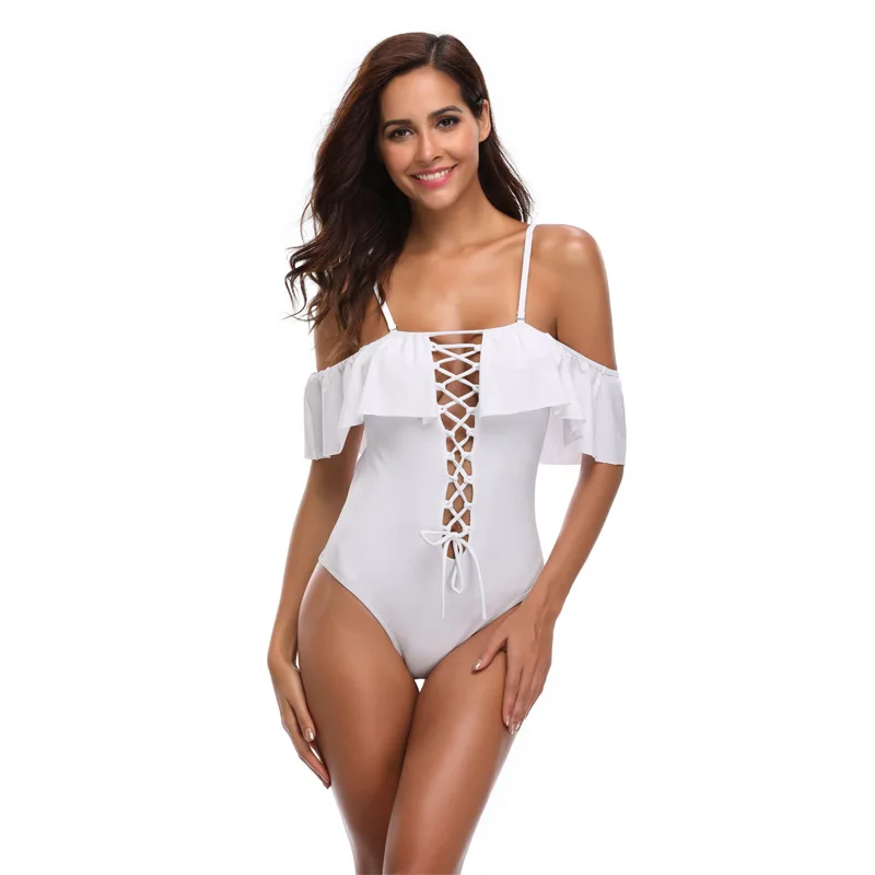 

2020 New Sexy White Sling Ruffled Off-shoulder One Piece Swimsuit Women