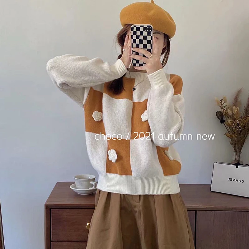 

Женский свитер в стиле ретро, Свободный пуловер с длинными рукавами и круглым вырезом в японском стиле, Осень-зима 2021