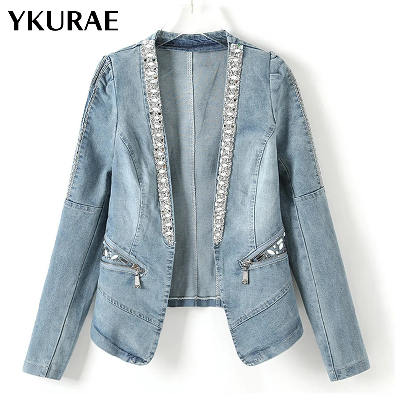 Куртка женская джинсовая демисезонная облегающая со стразами FL317 джинсы для