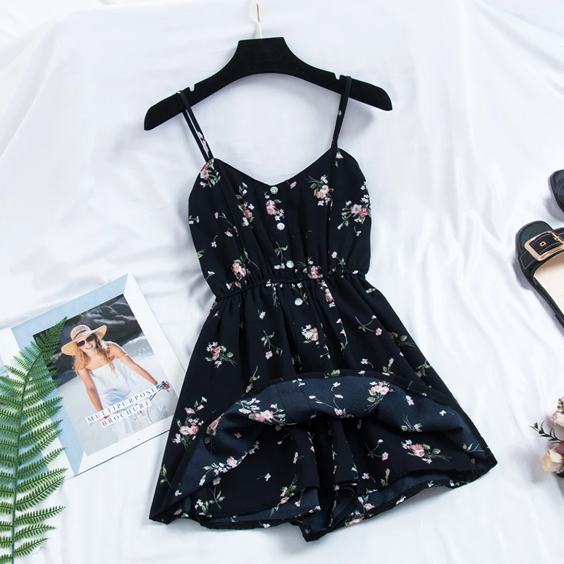 

New Women's Dress Sweet Summer Casual Fashion Bohemian Print Thin Strap Sleeveless Black Dress for Women