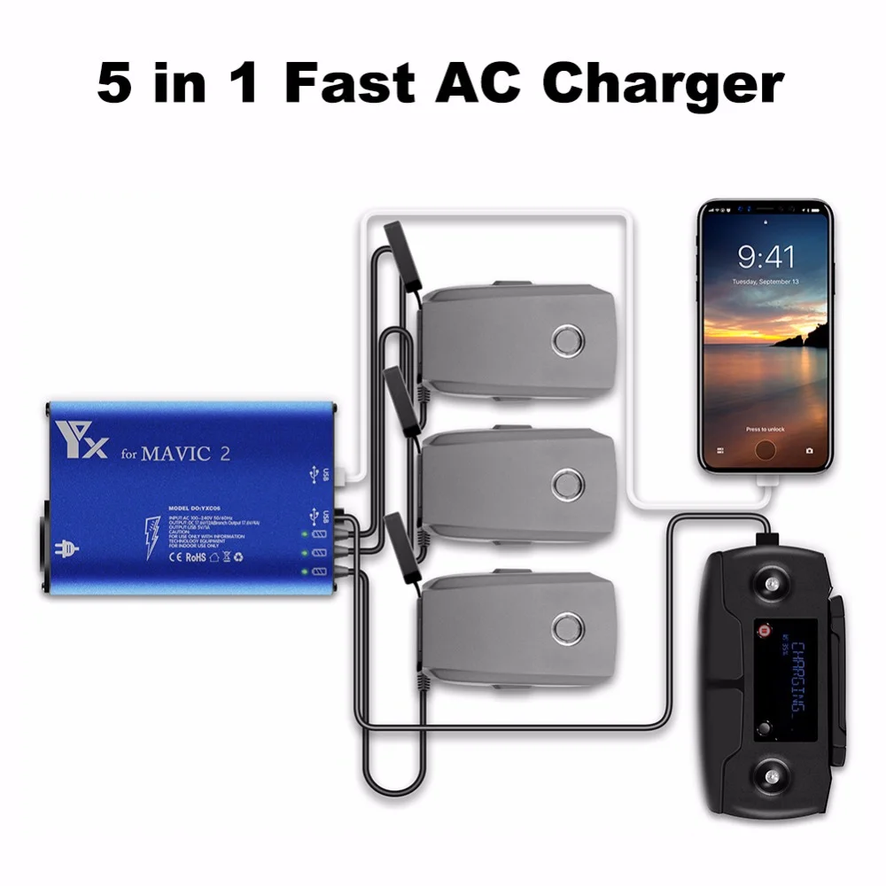 

5in1 Multiple Intelligent Charging Hub Fast AC Charger for DJI Mavic 2 Pro / Zoom Drone Battery Car Charging Adapter EU/AU HOT