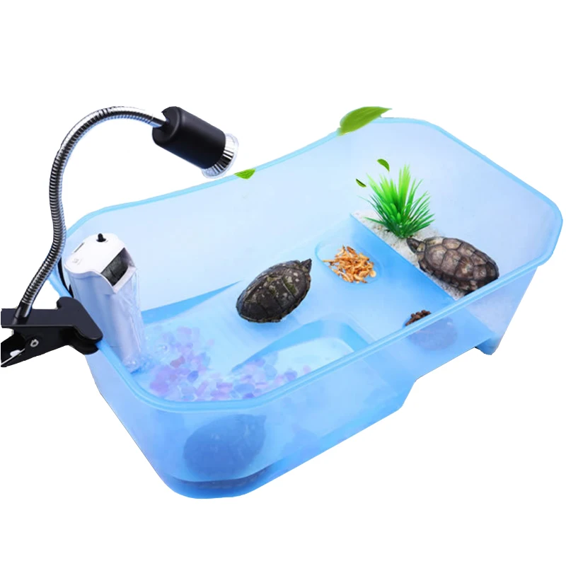 

Small 25x17x11cm Turtle Tortoise Habitat House, 4 areas = Swim + Climb + Feed + Rest Bask with light, mini Aquarium Turtle Tank