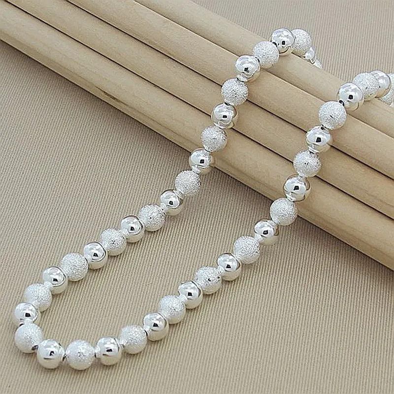 

High Quality 925 Sterling Silver 8mm Frosted Beads Necklace For Women Men Silver Jewelry Necklace