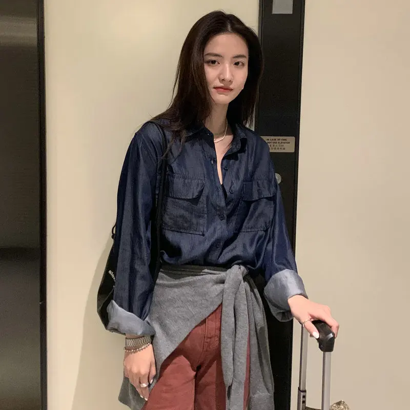 

Korean Women Fashion Oversized Denim Blue Shirt Boyfriend Style Turn Down Collar Sloping Shoulder Single-Breasted Top Streetwear