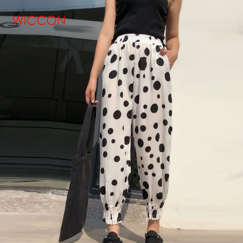 Женские винтажные брюки в горошек повседневные хлопковые и льняные шаровары с