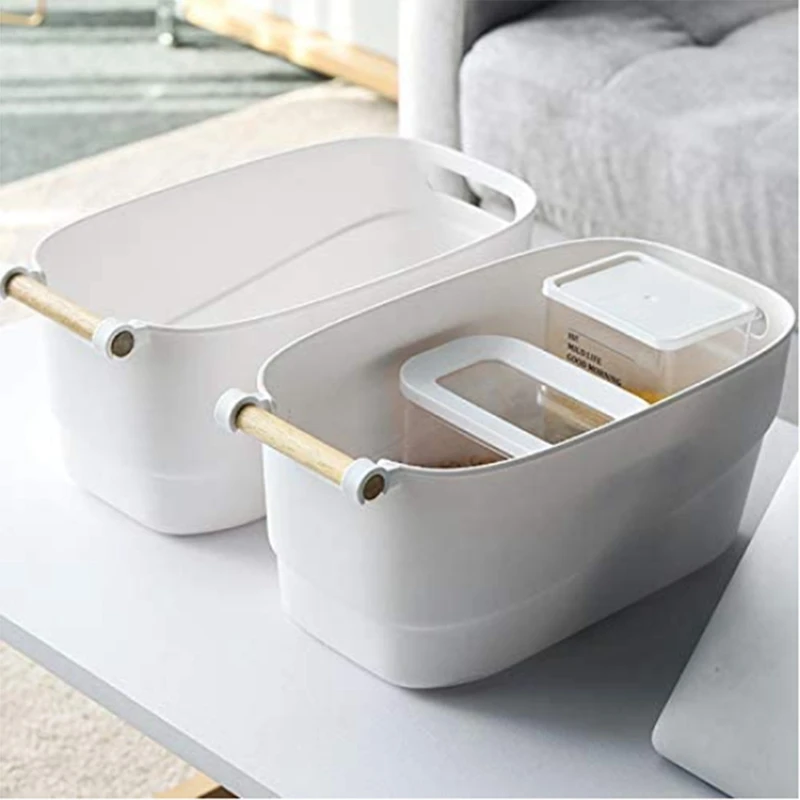 Storage Bins with Wood Handle Sleek Design - White Matte Plastic Organizer Bucket Easy to Clean Medium(2 PCS) | Дом и сад