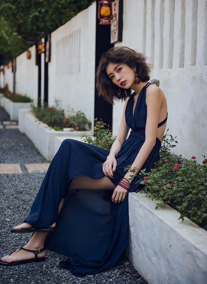 Летнее модное сексуальное шифоновое платье WHITNEY WANG с открытой спиной и разрезом