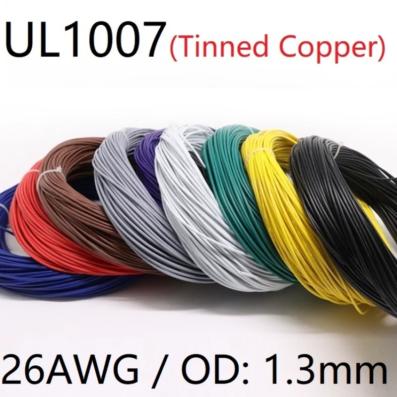 

26AWG UL1007 Electron Wire OD 1.3mm PVC Insulated OFC Tinned Copper Conductor Cable Extend Cord DIY Line Environmental Colorful