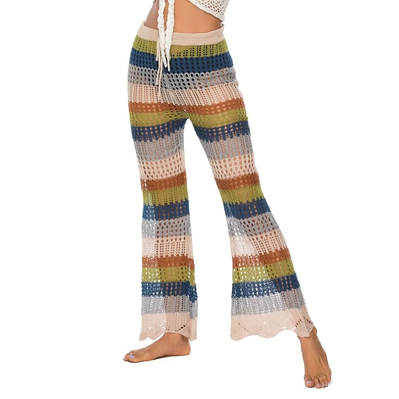 

2021 Sexy Hollow Out See Through Crochet Straight Pant Women Beachwear Knitted Hollow Out Pants Summer Fishnet Wide Leg Trousers
