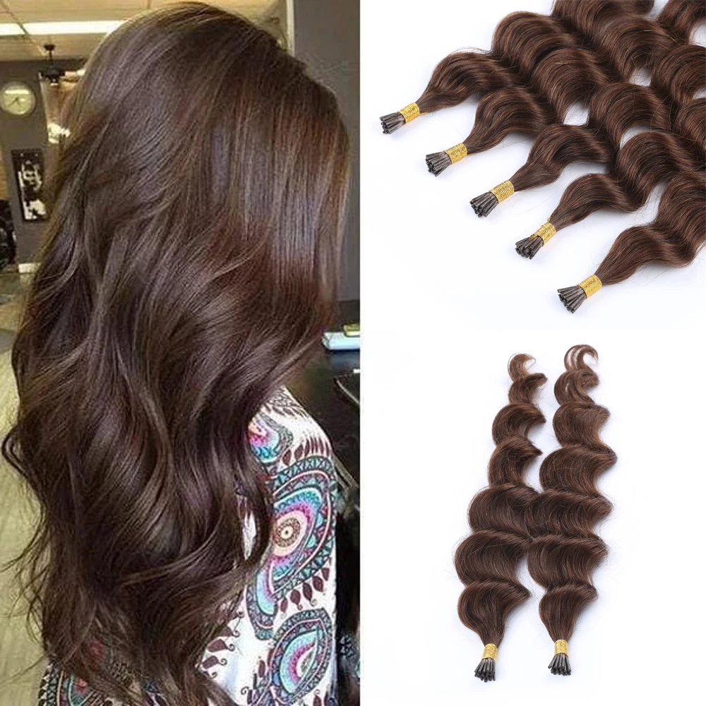 Dark Brown Human Hair I Tip Hair Extensions Deep Wave I Tip Fusion Extensions Prebonded Tipped Extensions