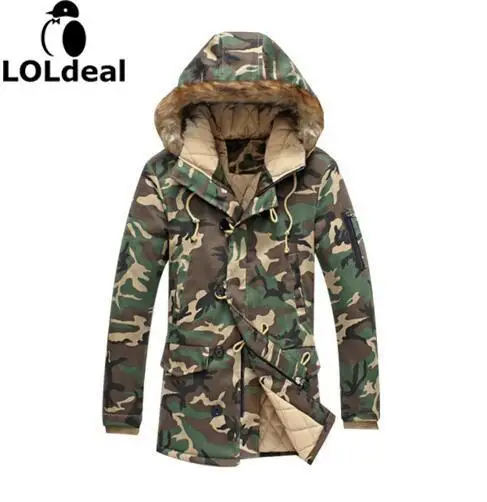 Модные камуфляжные парки Мужчины Военный средний длинное зимнее пальто Мужская