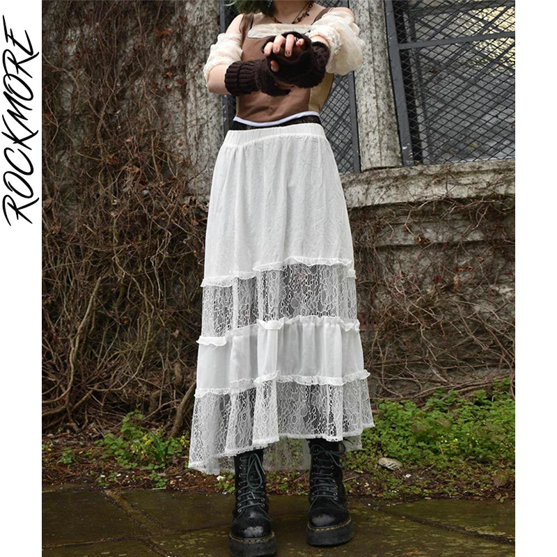 

Rockmore Grunge Fairycore кружевная Лоскутная юбка миди Женская y2k Эстетическая Высокая талия прямая макси юбка белая Kawaii длинная юбка
