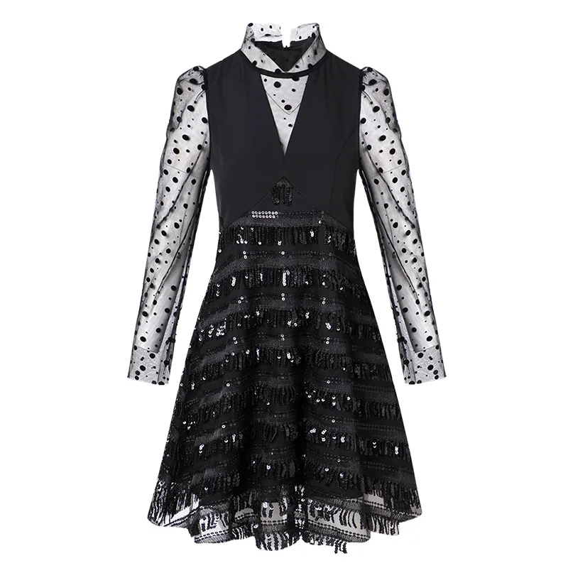 

D203922 a new spring 2021 stand collar mesh splicing Sequin wave dot Long Sleeve Dress