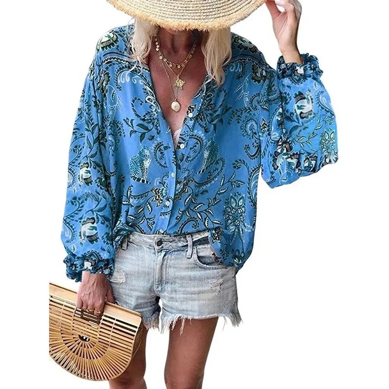 

Dress Women Single Breasted Long-sleeved Blouse Female Fashion Autumn Casual Floral Print Blouse Plus Size Shirt Vintage
