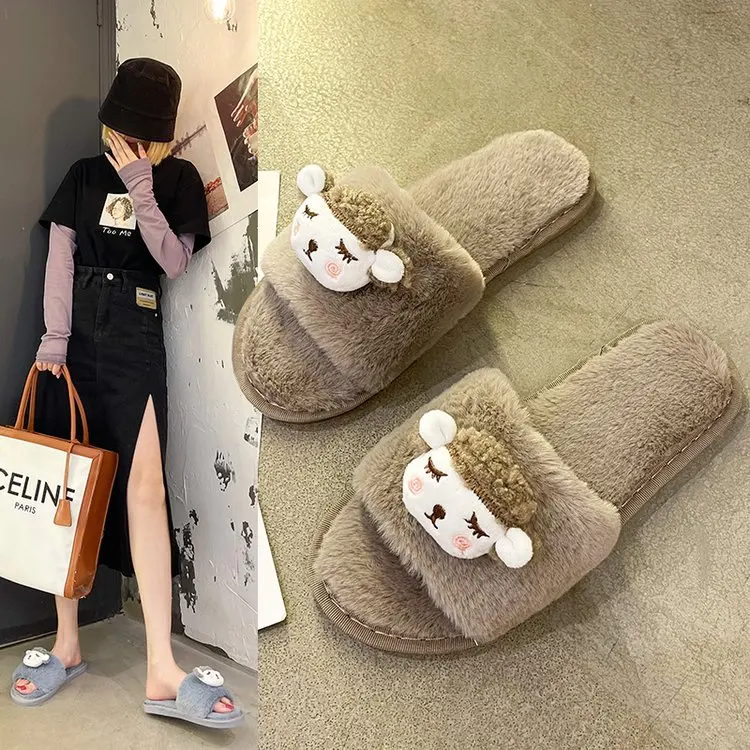

2021 New Fashion Lovely Cotton Slippers for Women Winter Comfortable Thick Bottom Fur Mop Simple Warm Head Fluffy Slippers