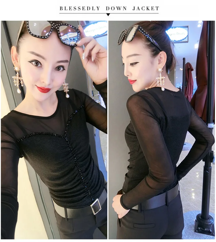 

Leopard T shirt Women Diamonds Beading Bordered Mesh Patchwork Slim Long Sleeve Tops Tee Casual ropa mujer T02709B