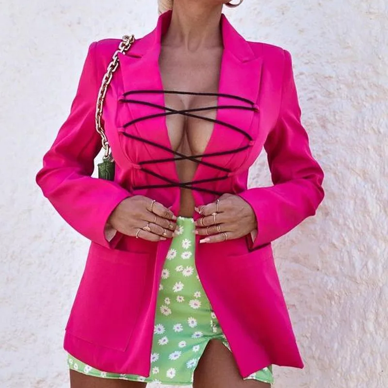 

Front Hollow Bandage Vintage Rose Red Blazer Women Jacket Coat Hot Sexy Office Lady 2021 Autumn New Streetwear Korean Fashion