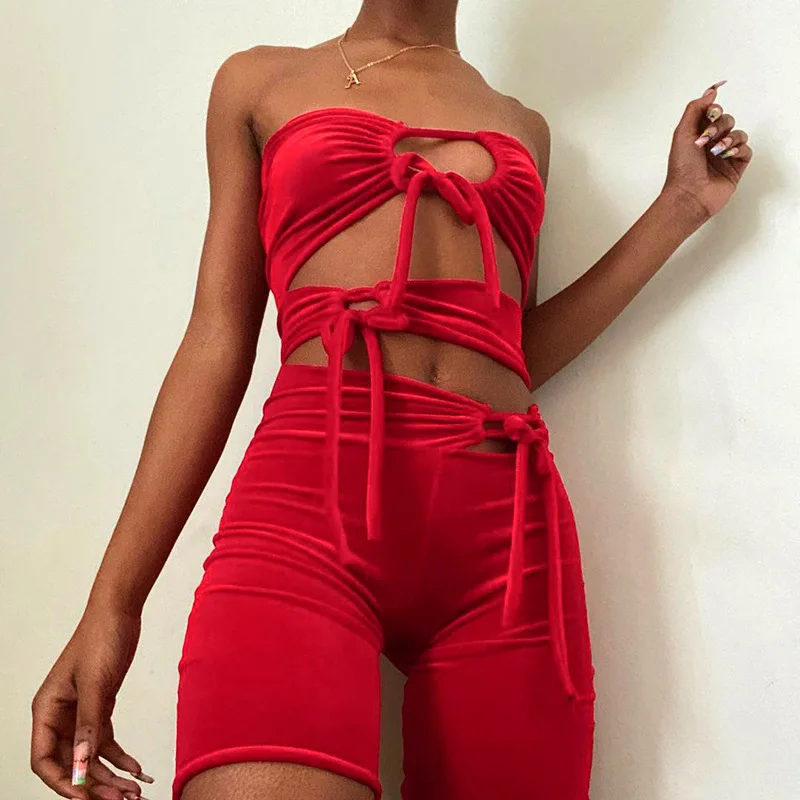 

Ajoc Skinny Drawstring Women Playsuits One Piece Solid Casual Biker Shorts Romper Hollow Out Skinny Sportwear Basic Jumpsuit
