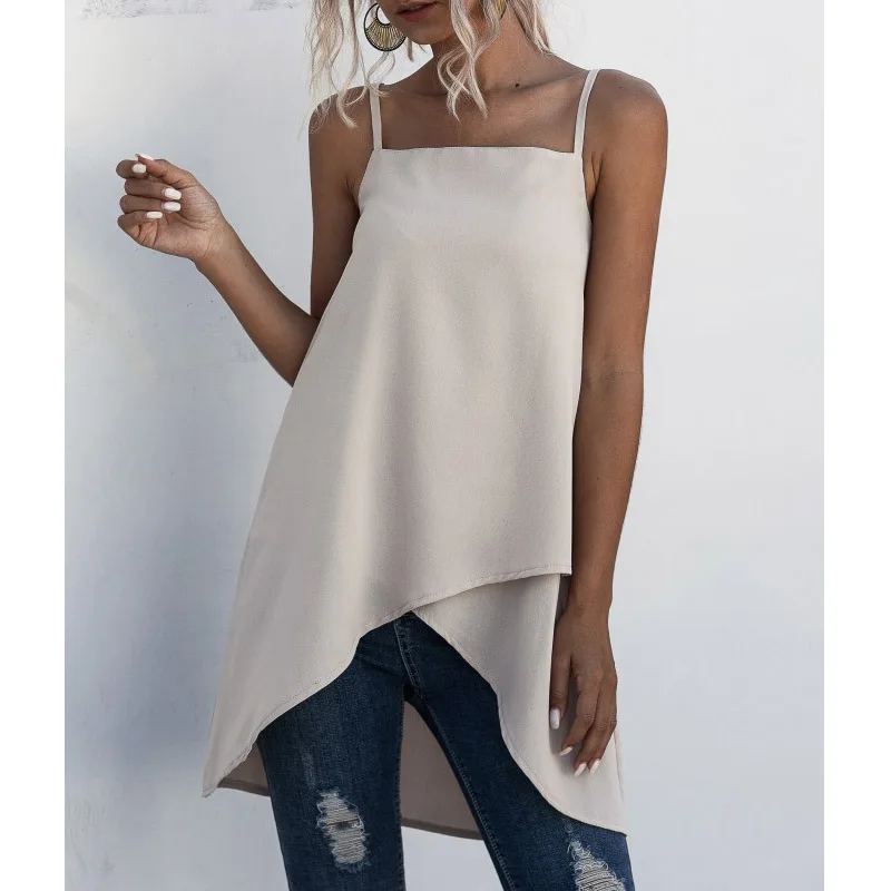 

Irregular Hem Spaghetti Strap Vest Camis Women Casual Sleeveless Solid Color Long Chiffon Vest